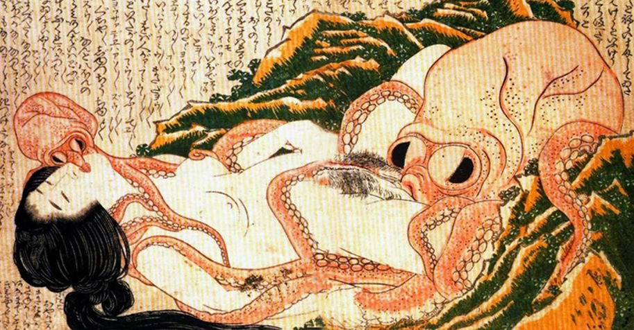 Art shunga vintage d'une femme se faisant manger par une pieuvre
